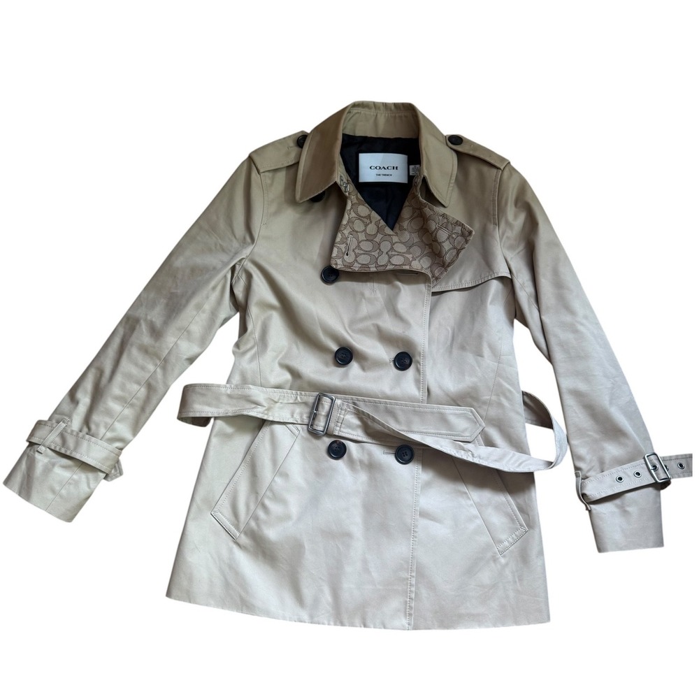 Coach Modern Trench Coat Signature Logo Trim Tan XS